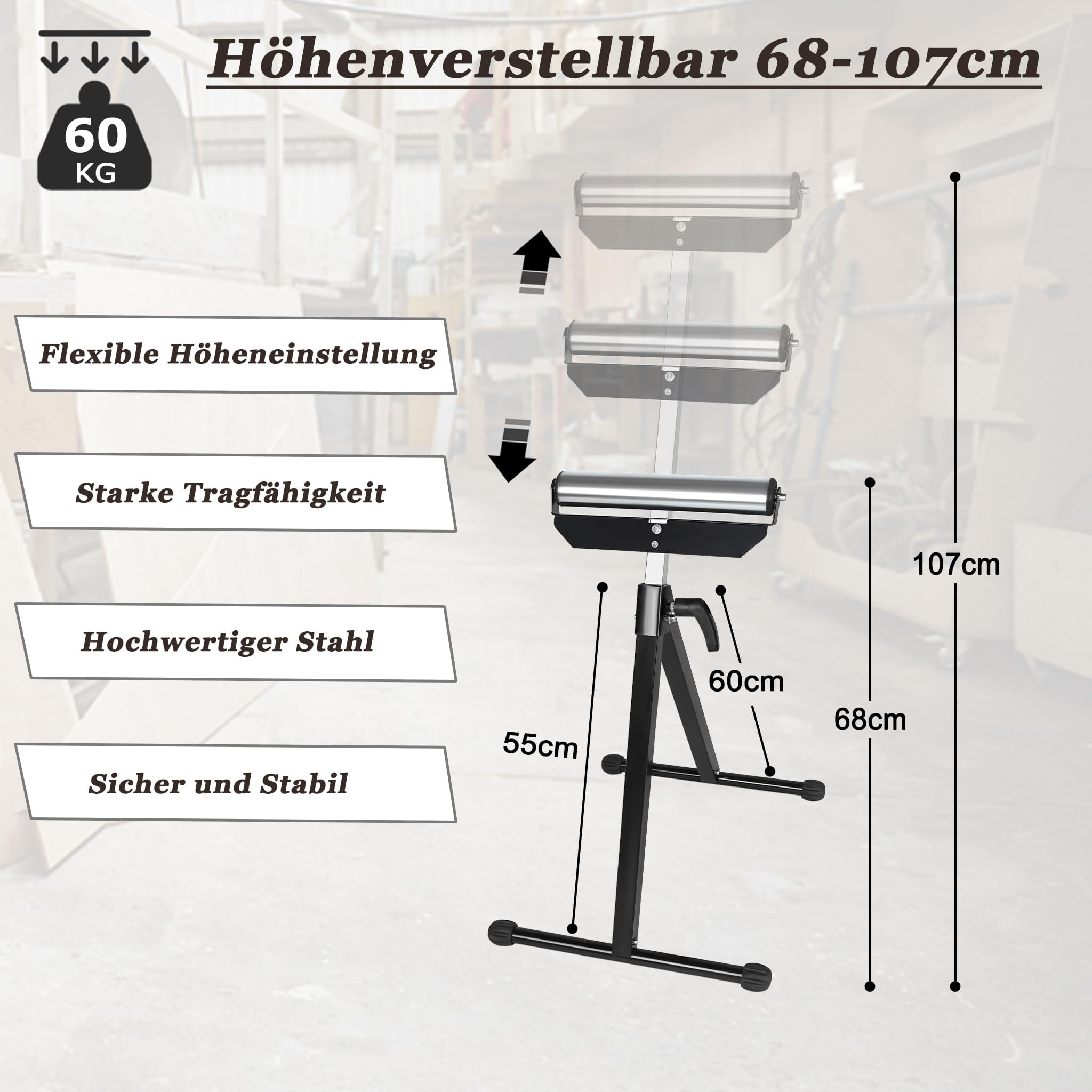LARS360 2 tréteaux à roulettes réglables en hauteur (68 à 108 cm) – Tréteau pliant avec pieds antidérapants | Convient pour scies à onglets, raboteuses, travail du bois et du métal