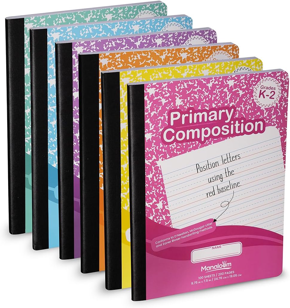 Primary Composition Notebook K–2 – 12 Pack, 100 Sheets Each – Primary Ruled, 9.75 x 7.5 in – Durable Cover – For Kindergarten, 1st Grade, Preschool – Handwriting & Cursive Practice – Classroom Supplies