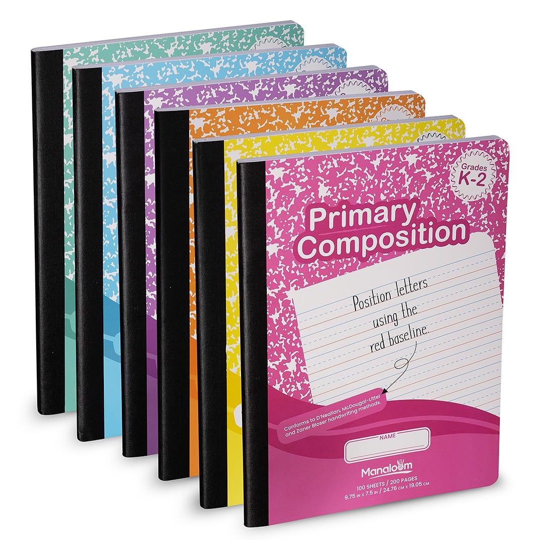 Quaderno per composizione primaria K-2, a righe primarie, grado K 2, prescolare, 1 ° grado, quaderni a righe, a righe primarie, 24 x 19 cm, copertina resistente, 100 fogli, colori assortiti,