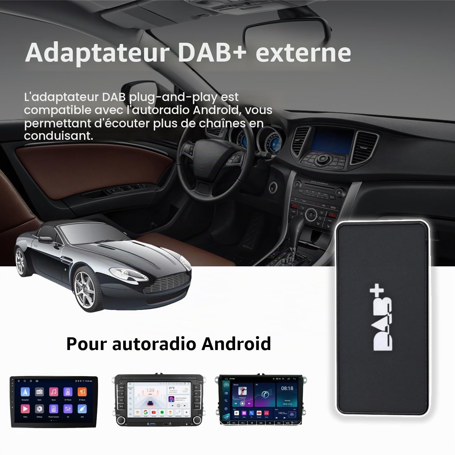 Récepteur Radio Dab/Dab+ pour Autoradio Android, Adaptateur Radio Numérique Dab pour Voiture Adaptateur Dab USB avec Antenne Tuner Dab