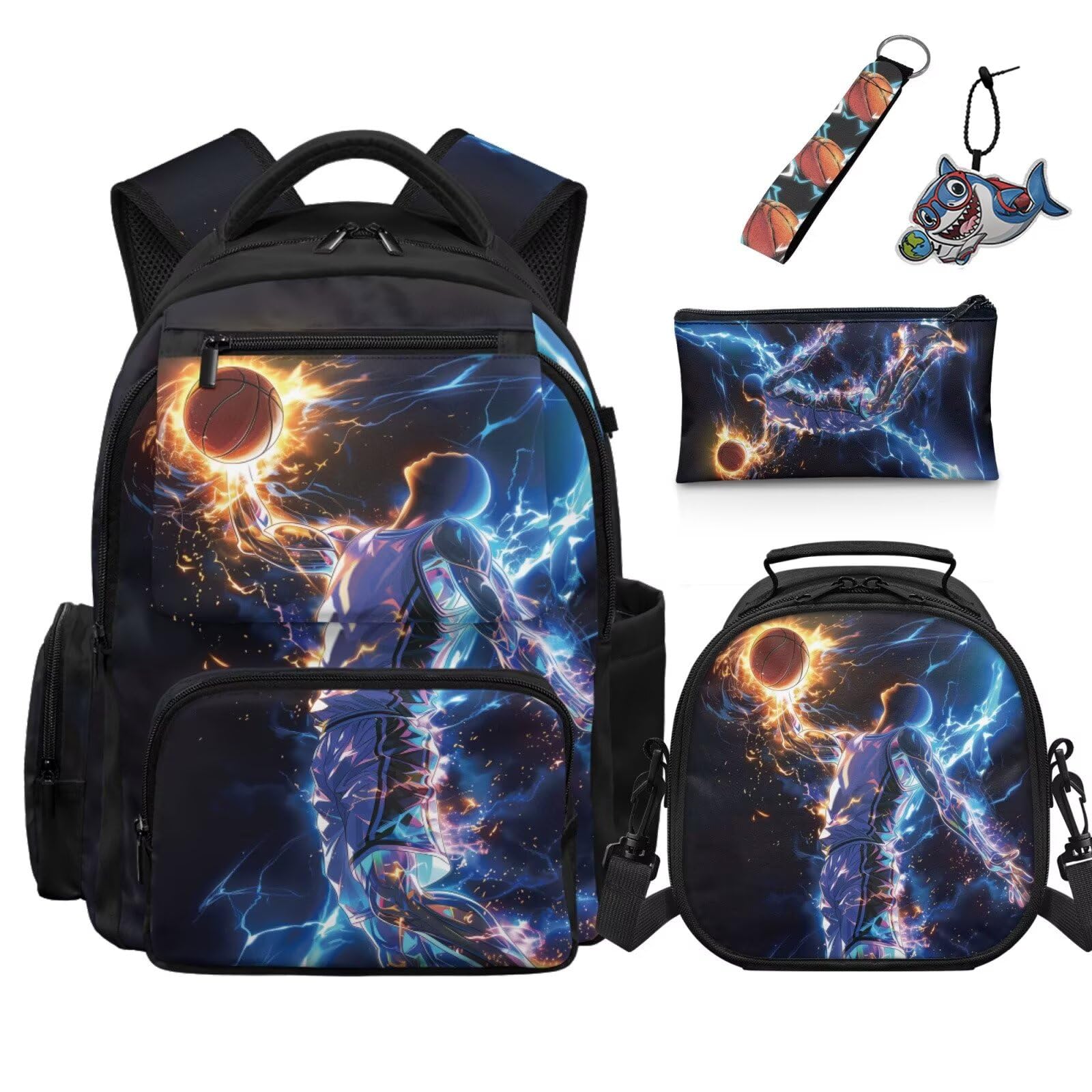 COEQINE Mochila deportiva para niños de 8 a 12 años con fiambrera, bolsa escolar de primaria, bolsa para viajes, estuche para lápices, llaveros, Basketball Lightning Blue Black Sport Player, M
