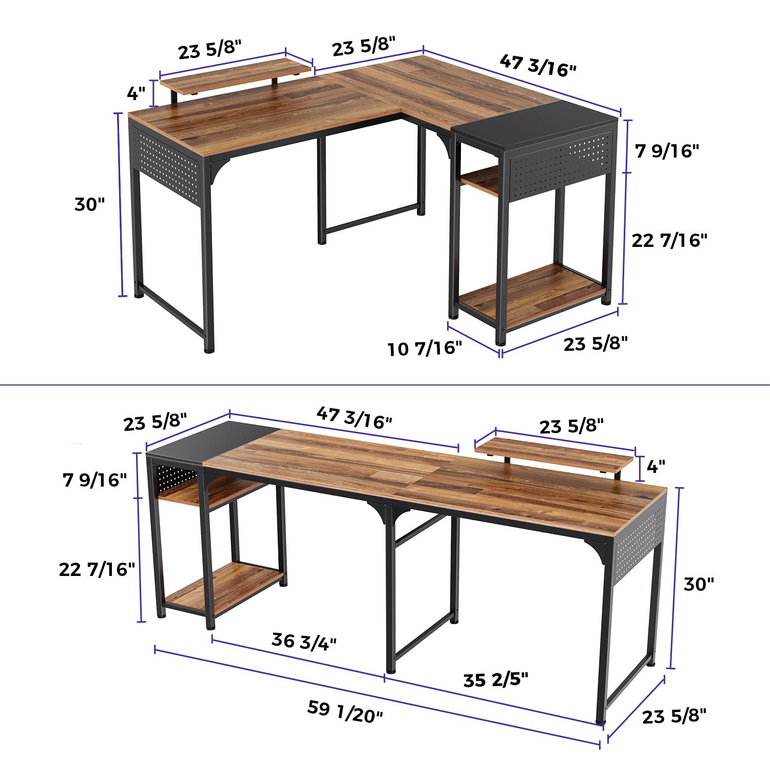 L-vormig bureau, computerbureau met lades, boekenplank en hok, modern hoekbureau thuiskantoor studeertafel schrijfbureau voor thuisschoolgebruik