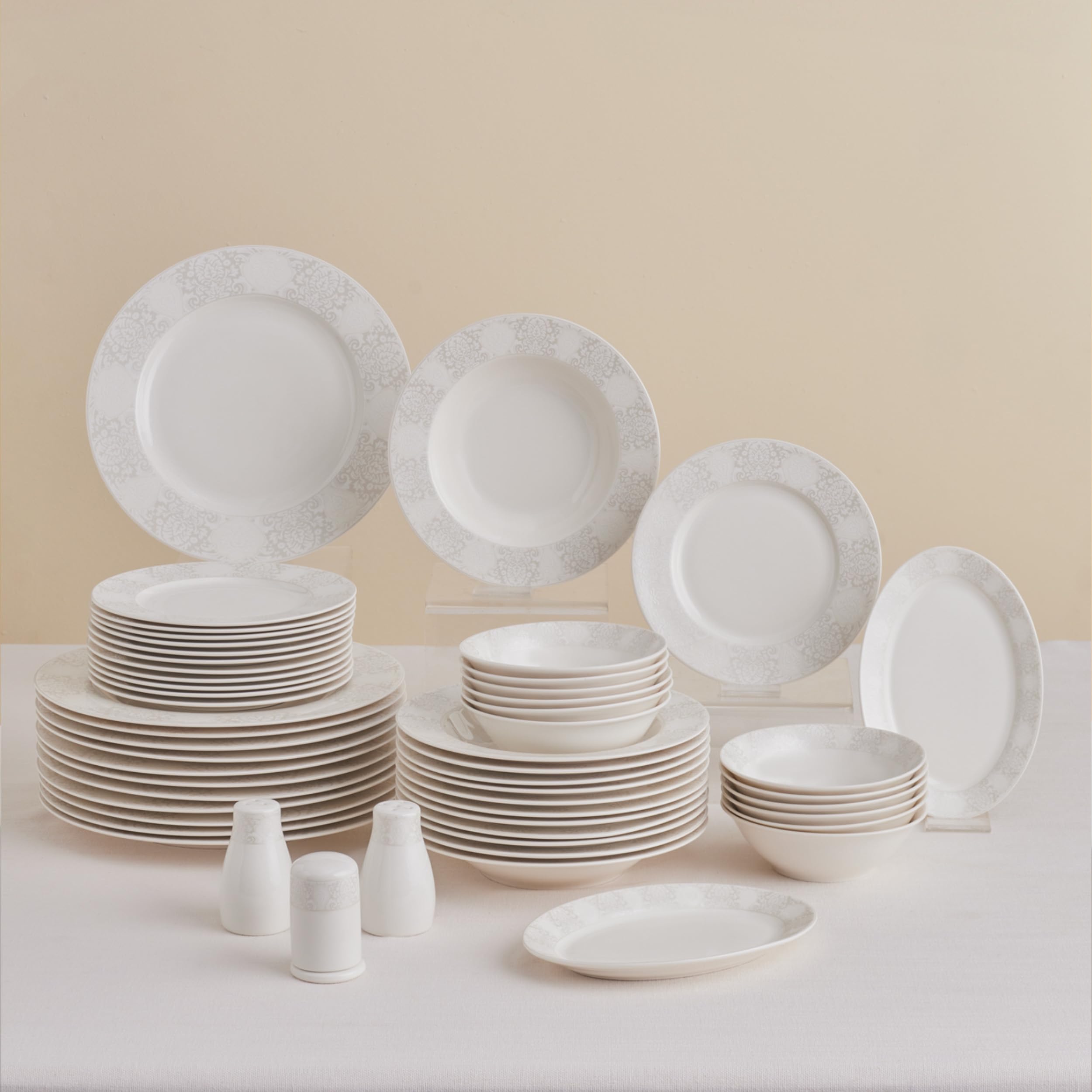 Karaca New Olio White Dinnerware Sets, Modern Kitchen Dinner Set for 12 People, Bone China Plates and Bowls Sets, Durable & Elegant, 53-Piece
