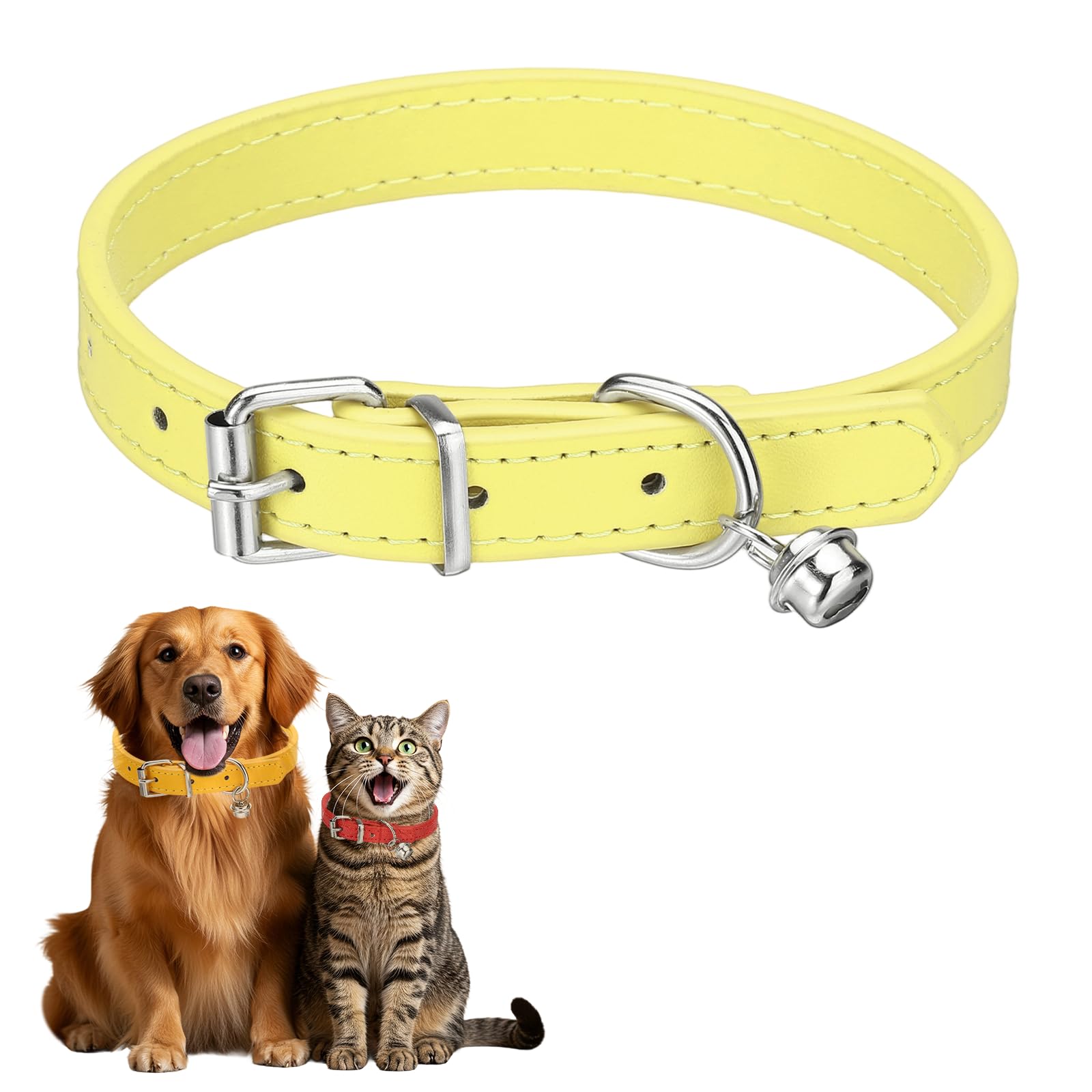 sourcing map Dog Collar with Bell, Pu Leather Cat Collars Pet Basic Soft Padded Adjustable Buckle, 14.5" (Yellow, 1 Pcs), Intended for Teacup/Little Dog/Kitten Cats/Small Animals