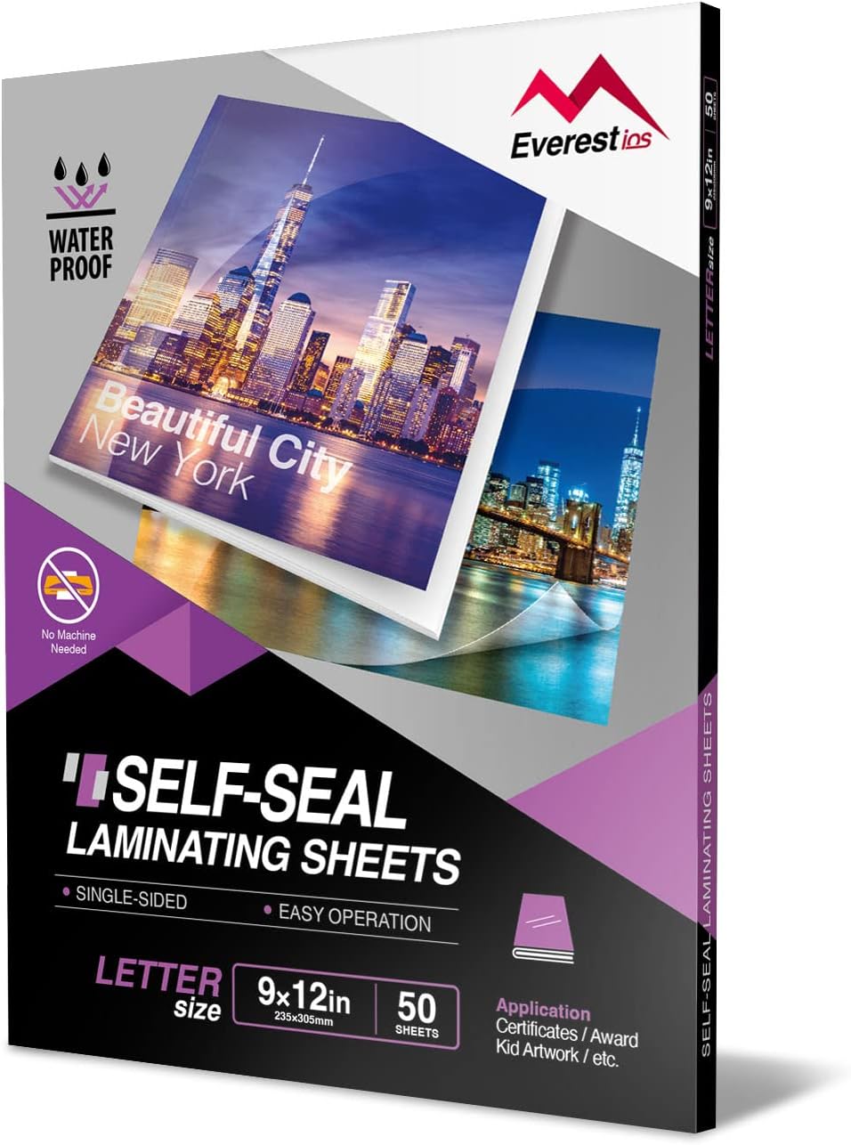 Everest Self Adhesive Laminating Sheets, Single Sided, Waterproof, Non-Toxic Material, PVC Free, 9 x 12 Inches, Letter Size (50)