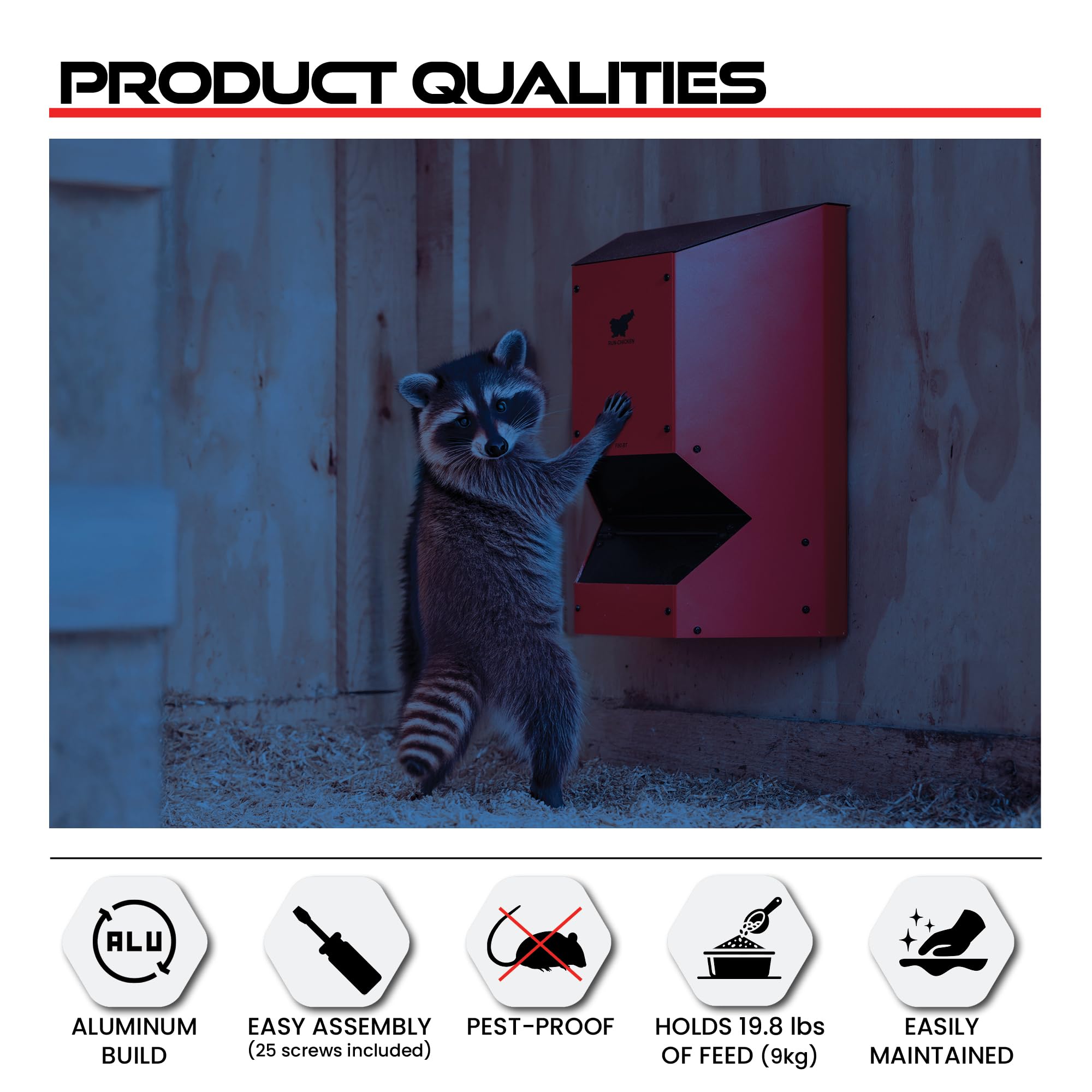 RUN-CHICKEN Comedero automático para pollos (rojo), funciona con pilas, escotilla de seguridad programable con temporizador, alimentación de 9,0 kg, resistente a las plagas, accesorio para gallinero