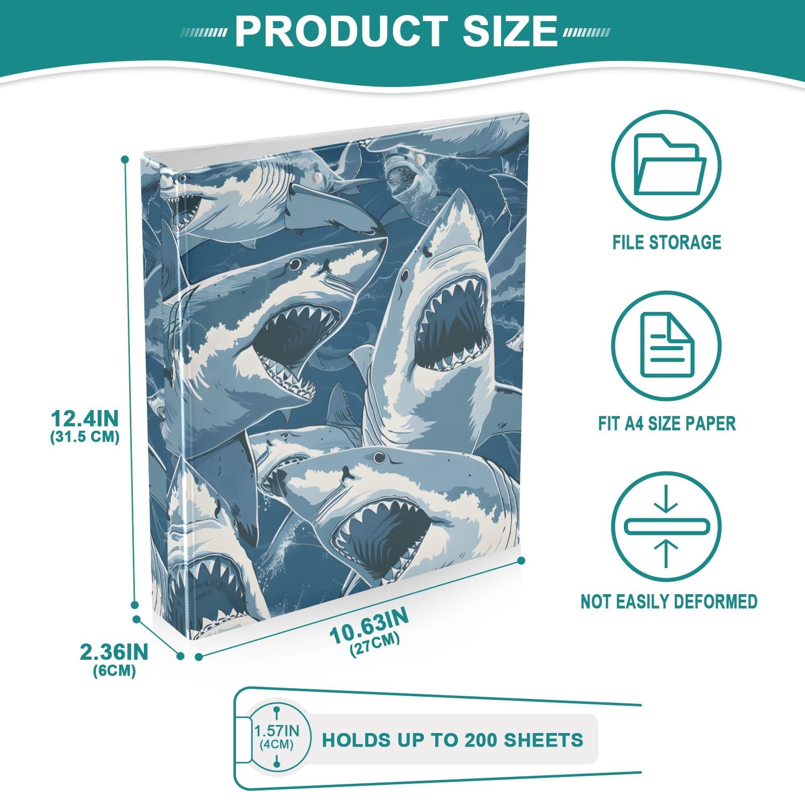 Fierce Sharks - Raccoglitore a 3 anelli, 3,8 cm, contiene 200 fogli con 3 tasche interne in PVC trasparente, per scuola e ufficio
