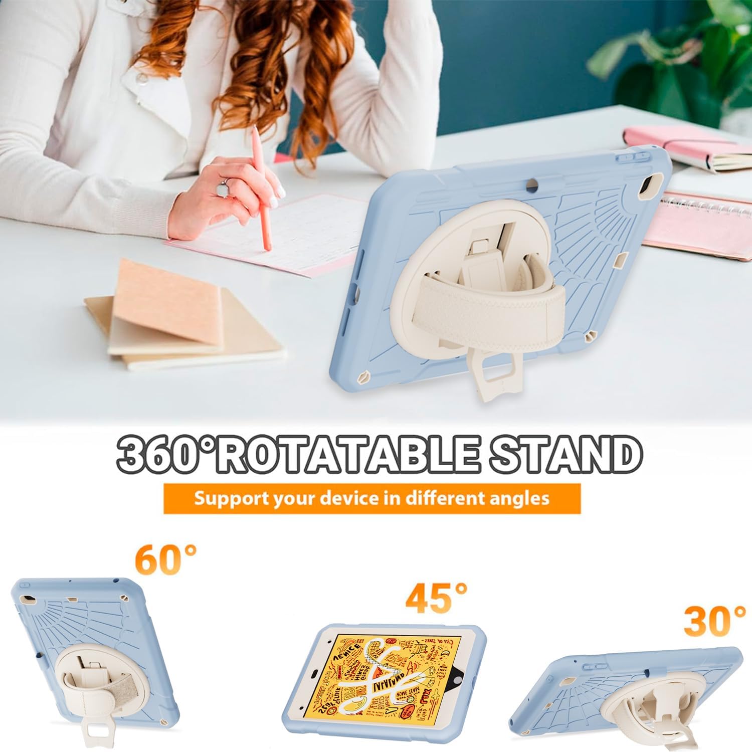 Case for iPad mini 5/4 with Screen Protector, Pencil Holder [360 Rotating Hand Strap] & Stand, Drop-Proof Case for iPad mini 5th/4th Generation 7.9 inch(Ice Blue)