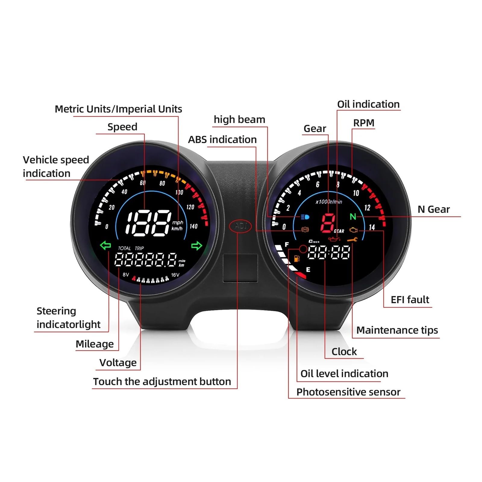 Moto Tachimetro Digitale Pannello digitale per cruscotto Est, contachilometri digitale per moto, contagiri, contagiri, contagiri, display del carburante e della marcia per TITAN 150
