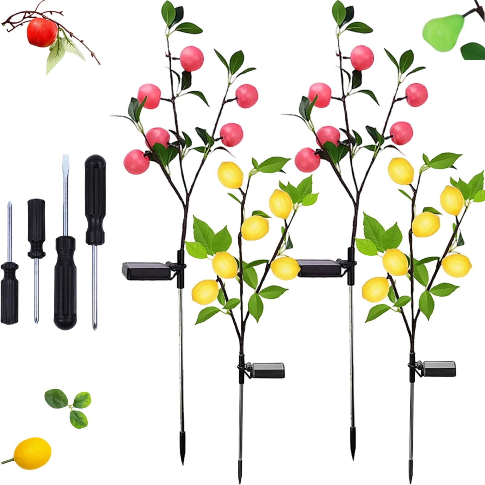 2026 Solar Garden Lights Waterproof Solar Flower Tree Light with Realistic Lemon, Outdoor Landscape Stake Lamp, Lemon Tree Garden Ground Lights for Yard Garden Lawn Pathway Decoration Lighting (4PC-C)