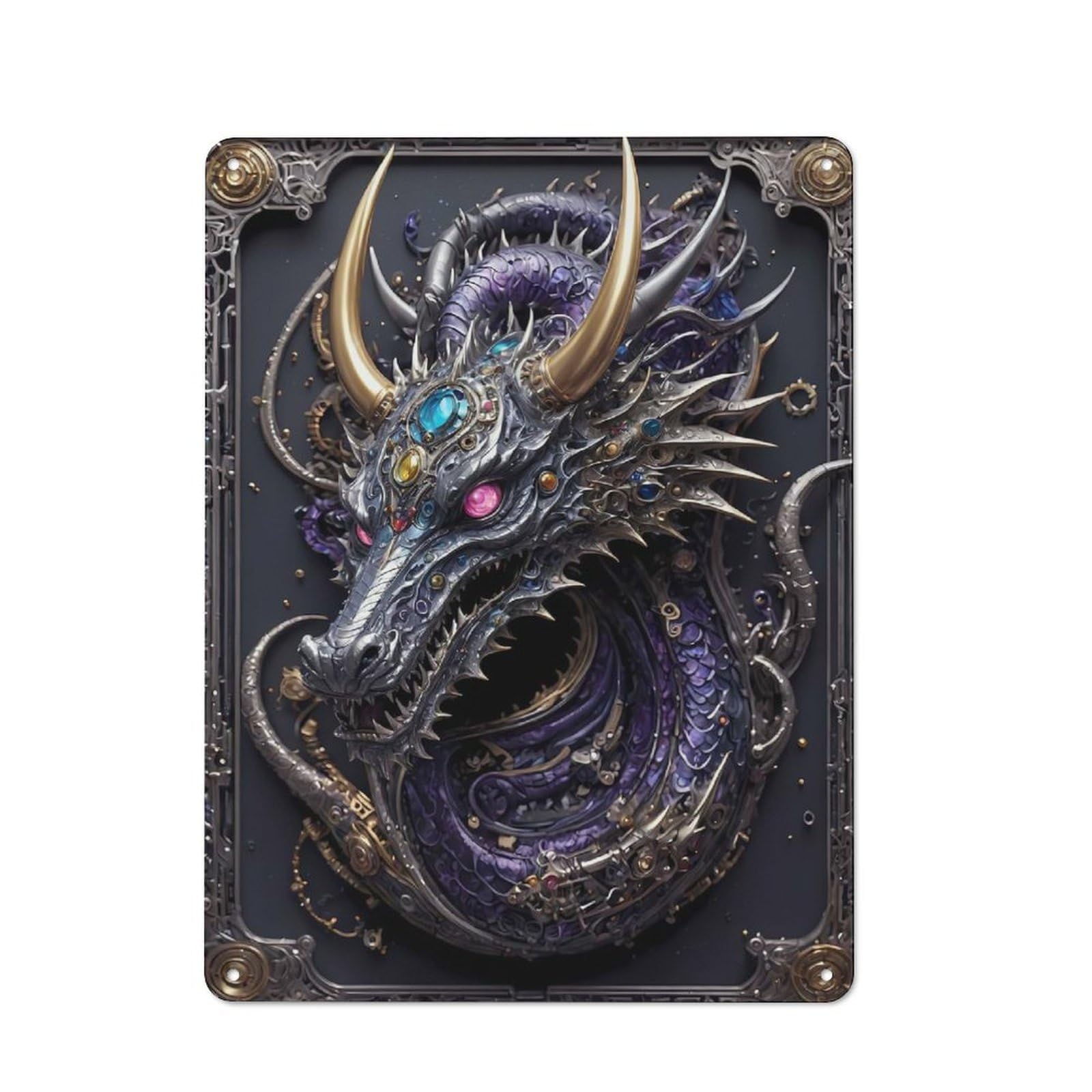 Cafe Style Decorative Metal Plaque 40x30cm Featuring Steampunk Guardian Dragon, Bistro Wall Plaque for Tea Room, Shop Wall Or Breakfast Area