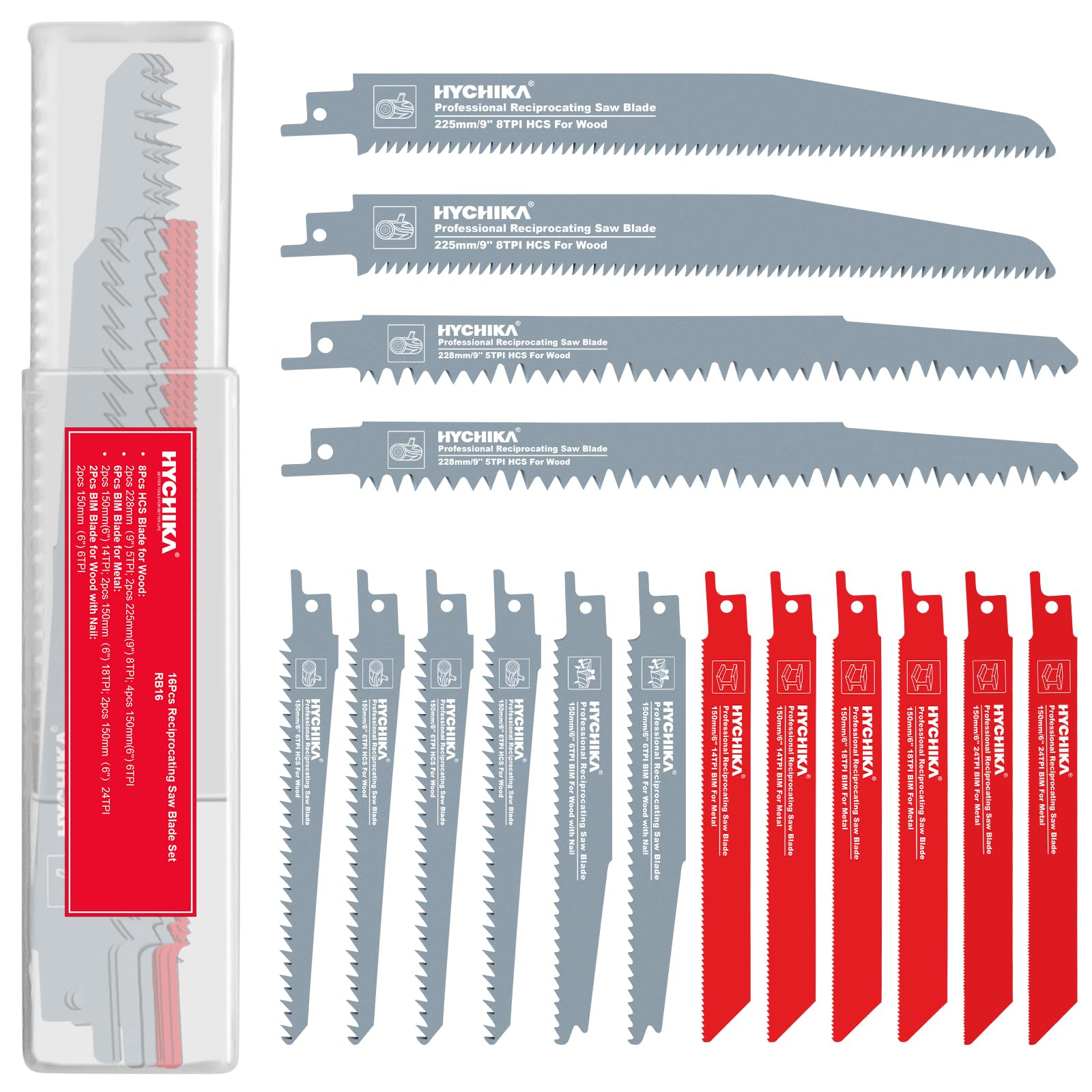 HYCHIKA 16 Pieces Reciprocating Saw Blades, Durable Saw Blades with Organizer Case Perfect for Pruning, Wood Cutting or Metal Cutting