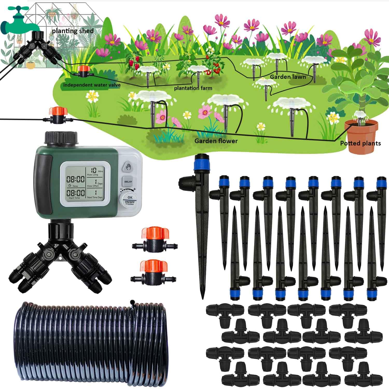 Drip Irrigation System Kit with Water Timer 82FT 1/4 Hose for 16 Sprinkler Heads Fountain Spray, Automatic Watering System for Potted Plants, Patio Lawn, Seedlings Green