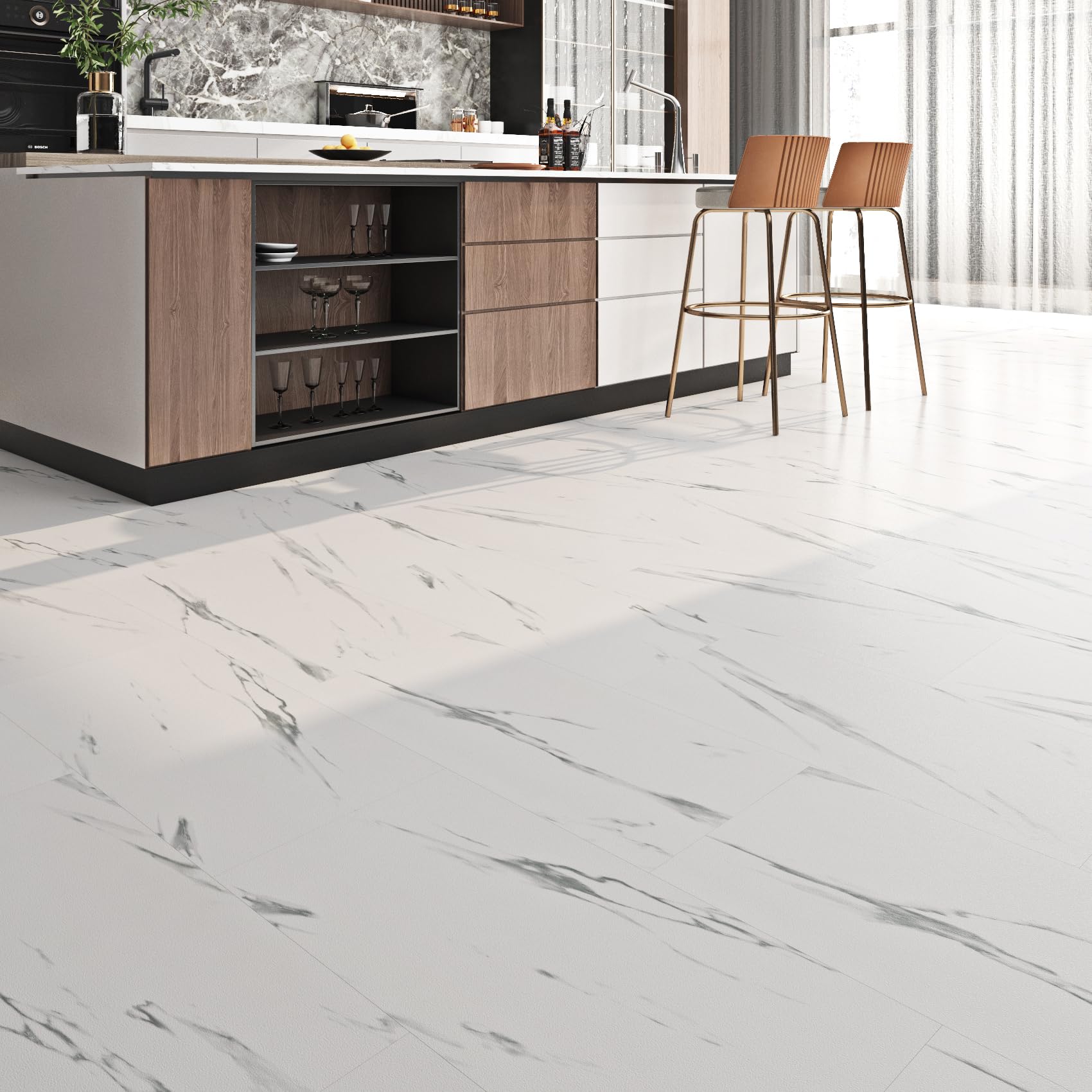 FunStick Samoprzylepna podłoga PCV Marble Look White 30×60CM 5 sztuk Płytki samoprzylepne Łazienka Płytki podłogowe Naklejki Kuchnia Winylowe płytki podłogowe Samoprzylepne marmurowe podłogi