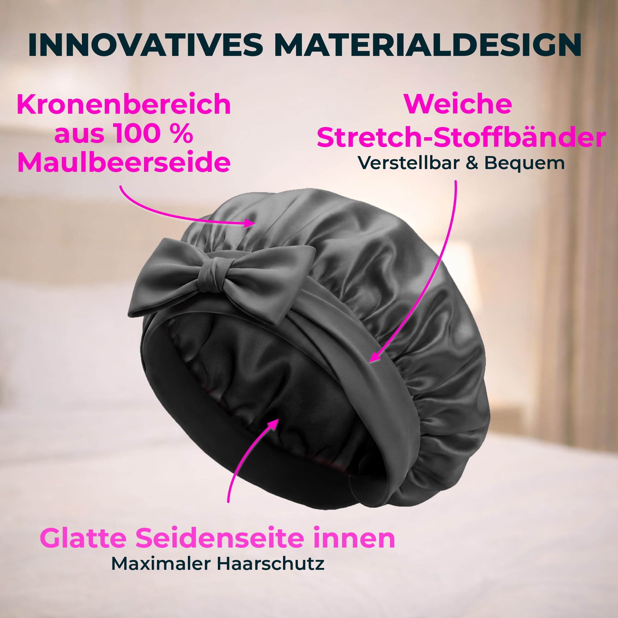 Seidenhaube zum Schlafen – Schlafhaube aus 100% Maulbeerseide, atmungsaktive und anpassbare Schlafmütze, Silk Bonnet, Haarhaube für die Nacht mit elastischem Band