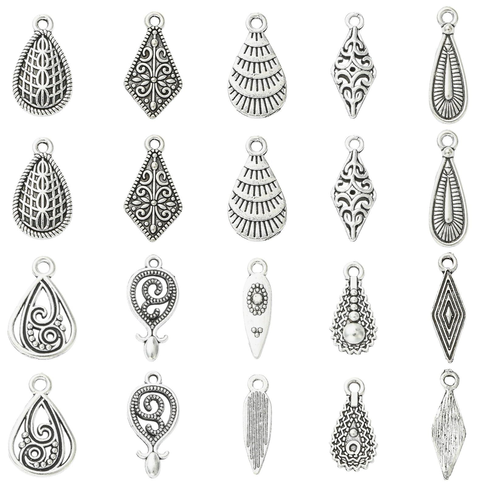Stiesy 50Pcs 10 Styles Antique Silver Teardrop Charms Tibetan Style Charms Boho Theme Alloy Pendants for Jewelry Bracelets Necklaces Making DIY Crafts