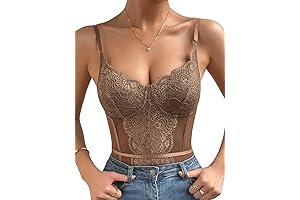 SOLY HUX Women's Sexy Floral Lace Bodysuit, Premium Brown Lingerie With Sheer Mesh