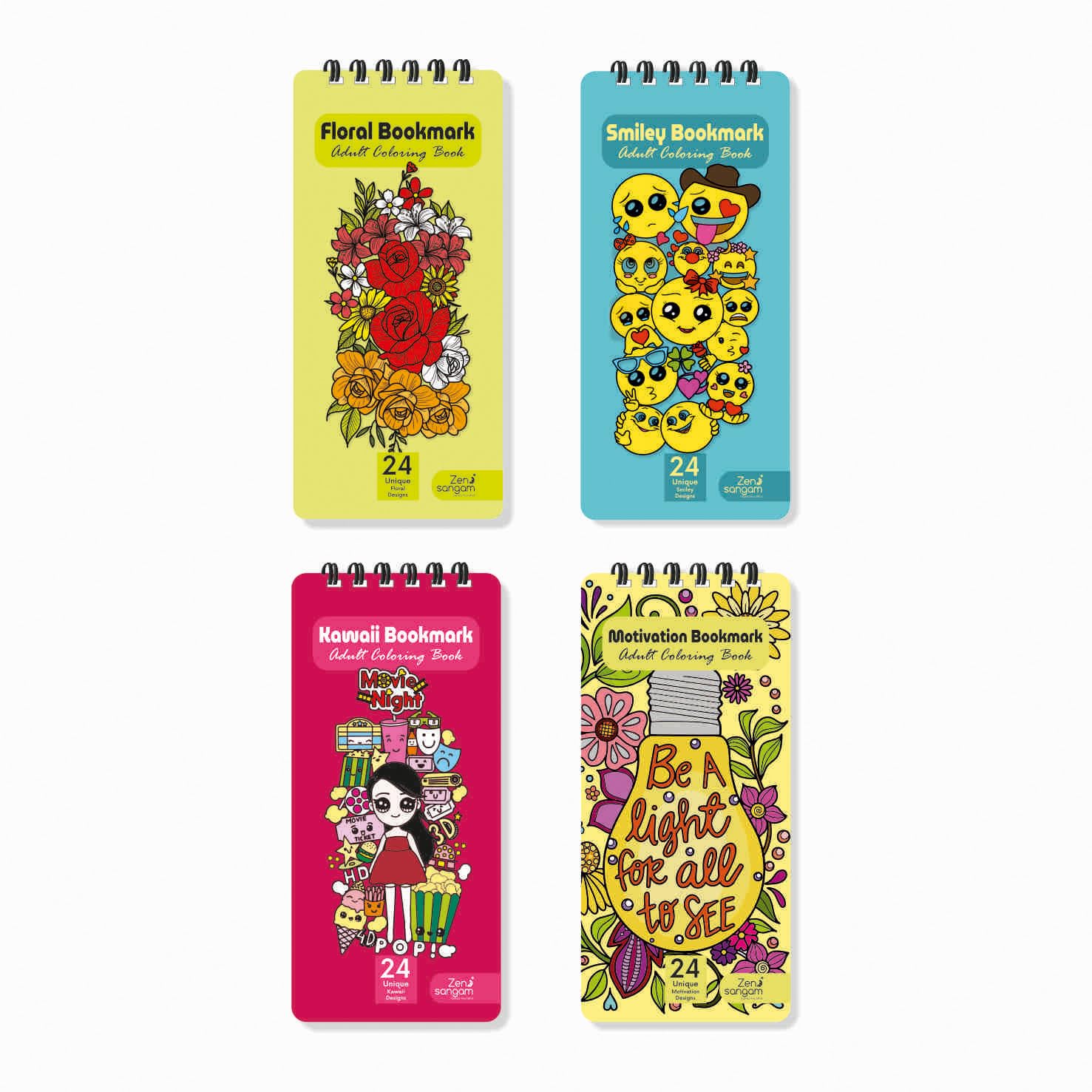 ZEN SANGAM Coloring Bookmarks Combo (Set of 4) – Motivational, Floral, Kawaii, Smiley & Designs | Stress Relief Fun for All Ages| Compact Pocket Size (15 x 7.5 cm) | Perfect Gift for Art Lovers