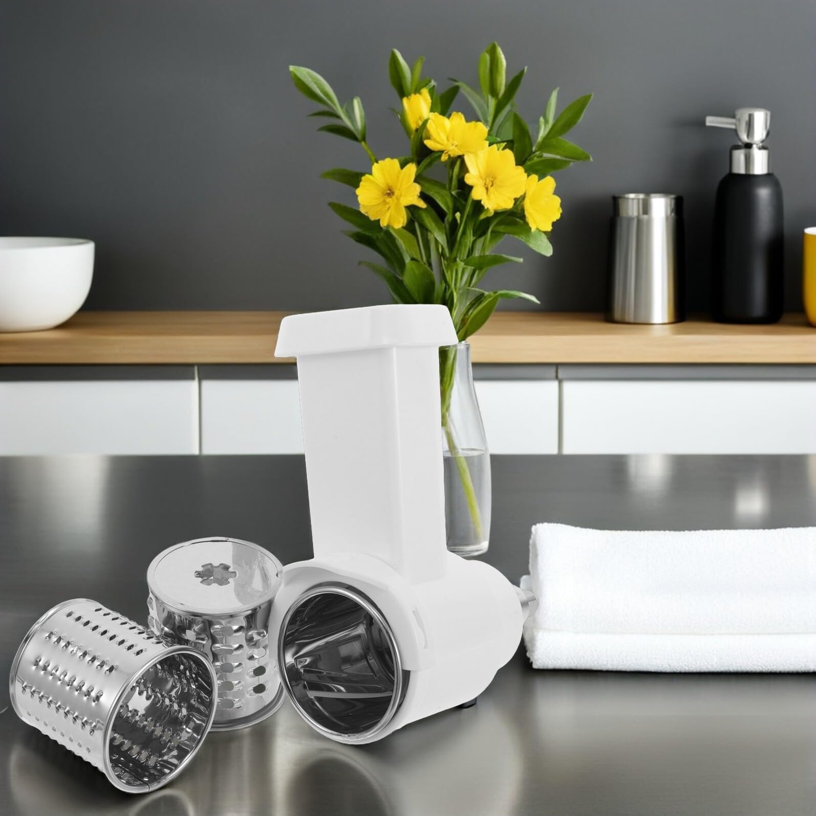 Gemüseschneidehilfe mit Raspel und Hobelaufsatz Kompatibel für Kitchenaid-küchenmaschinen aus Edelstahl Spülmaschinenfest für Obst und Gemüse