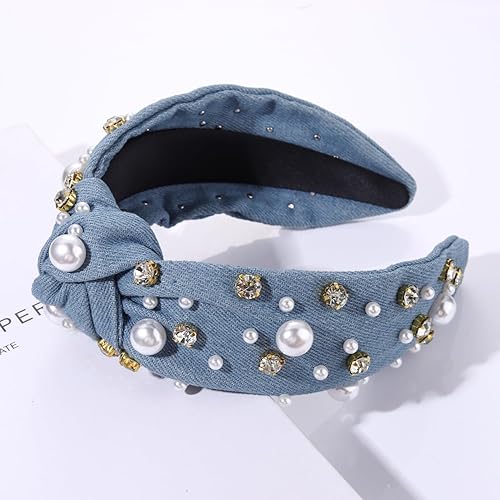 Miniatura 6 de Diadema anudada con perlas blancas para mujer, con diamantes de imitación de cristal adornado, a la moda, elegante, con nudo superior ancho, para