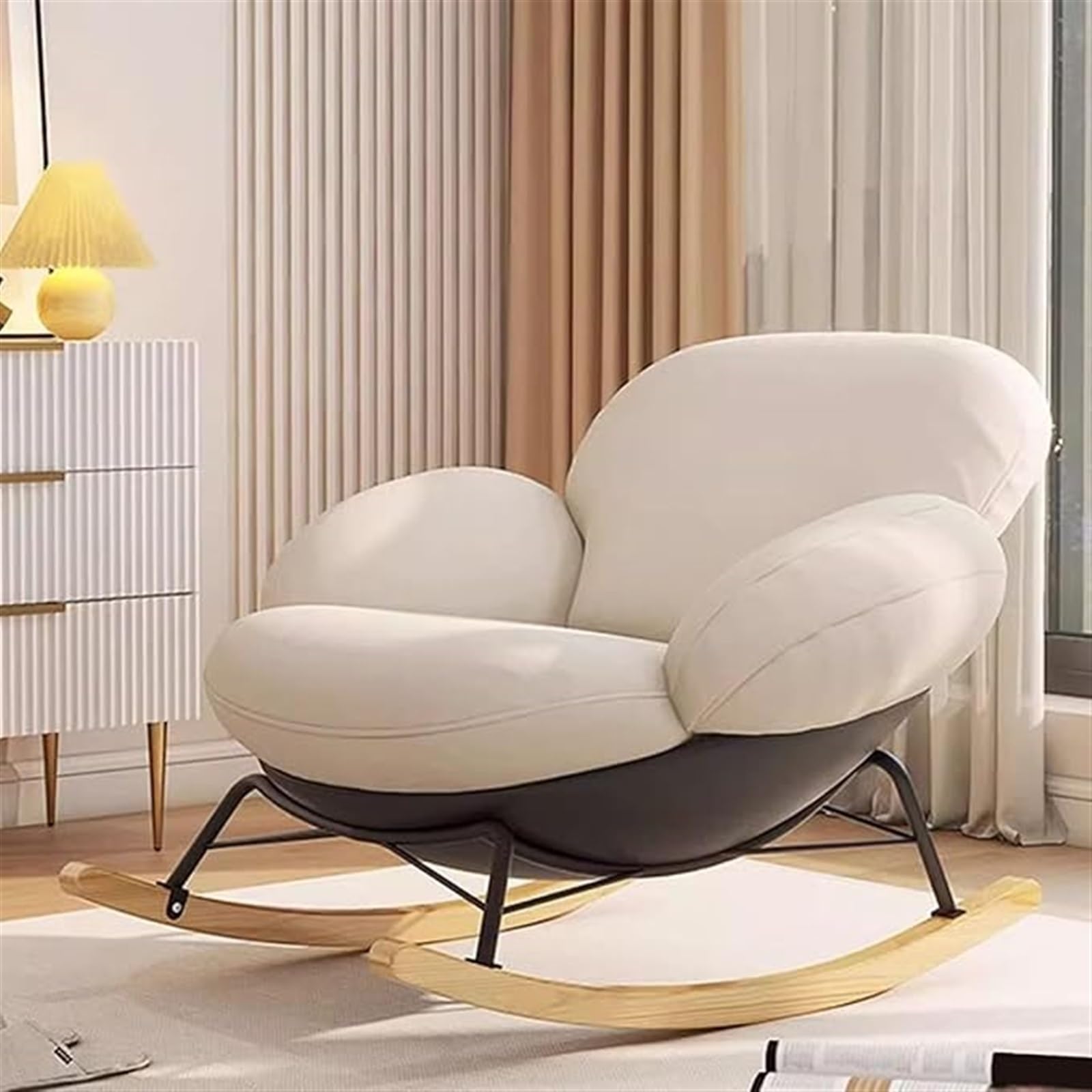 Mecedora reclinable con Acento Moderno, Mecedora tapizada con Planeador, Muebles de Sala de Estar, Dormitorio, Mecedora de Franela (Blanco Roto + marrón)