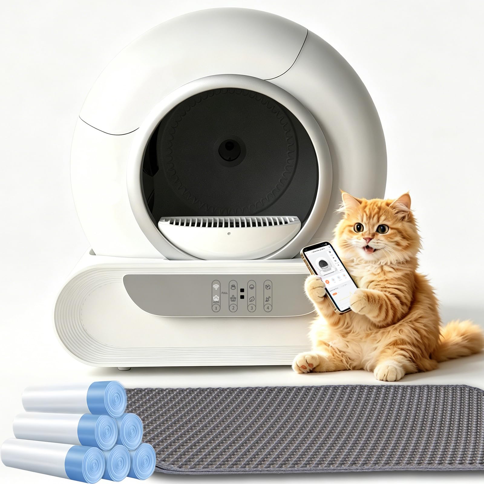 Arenero Automatico 74 L con Sistema Seguridad Avanzado | Desodorizante, Controlado por Aplicación con Alfombra Arenero Gato 6 Rollos Bolsas Basura, 2 Filtros para Varios Gatos