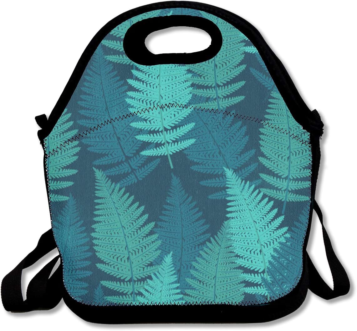 Klnsha7 Creative Blue-Green Fern Leaves Lunch Bag Lunch Tote Lunchbox Handbag Reusable for Adult,Kids,Insulated,Stretchy,Reusable,Washable,Zipper,School Work Office Camping Travel