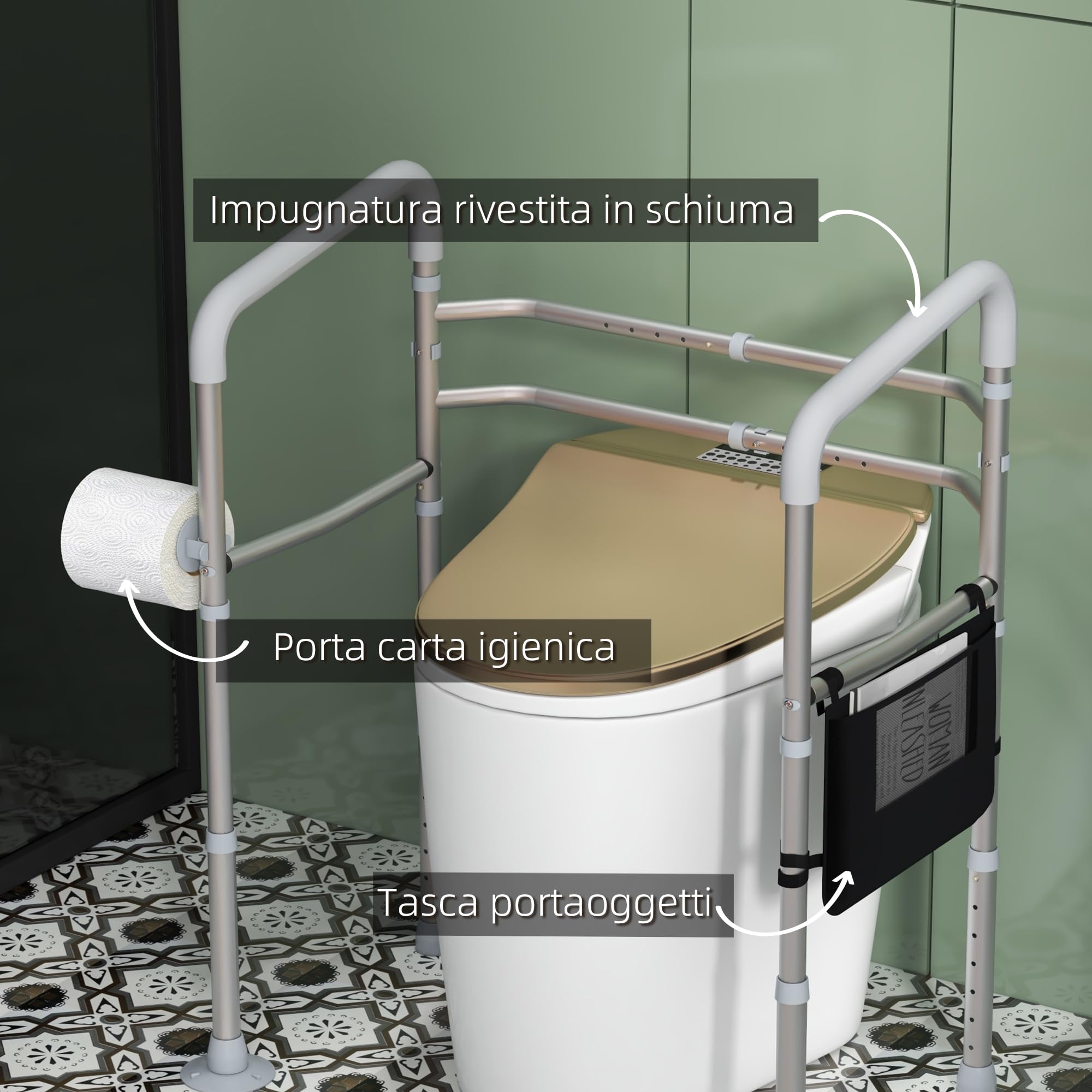 HOMCOM Supporto Water per Disabili, Sostegno con Braccioli per WC Regolabile in Altezza e Larghezza, 2 Piedini a Ventosa e Tasca Laterale
