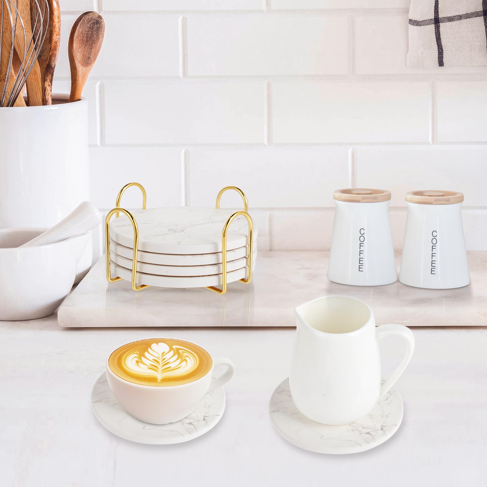 Posavasos con Soporte - Juego De 6 Posavasos Absorbentes - Coasters - Base Antideslizante - Absorción Rápida De Agua - Diseño De Mármol