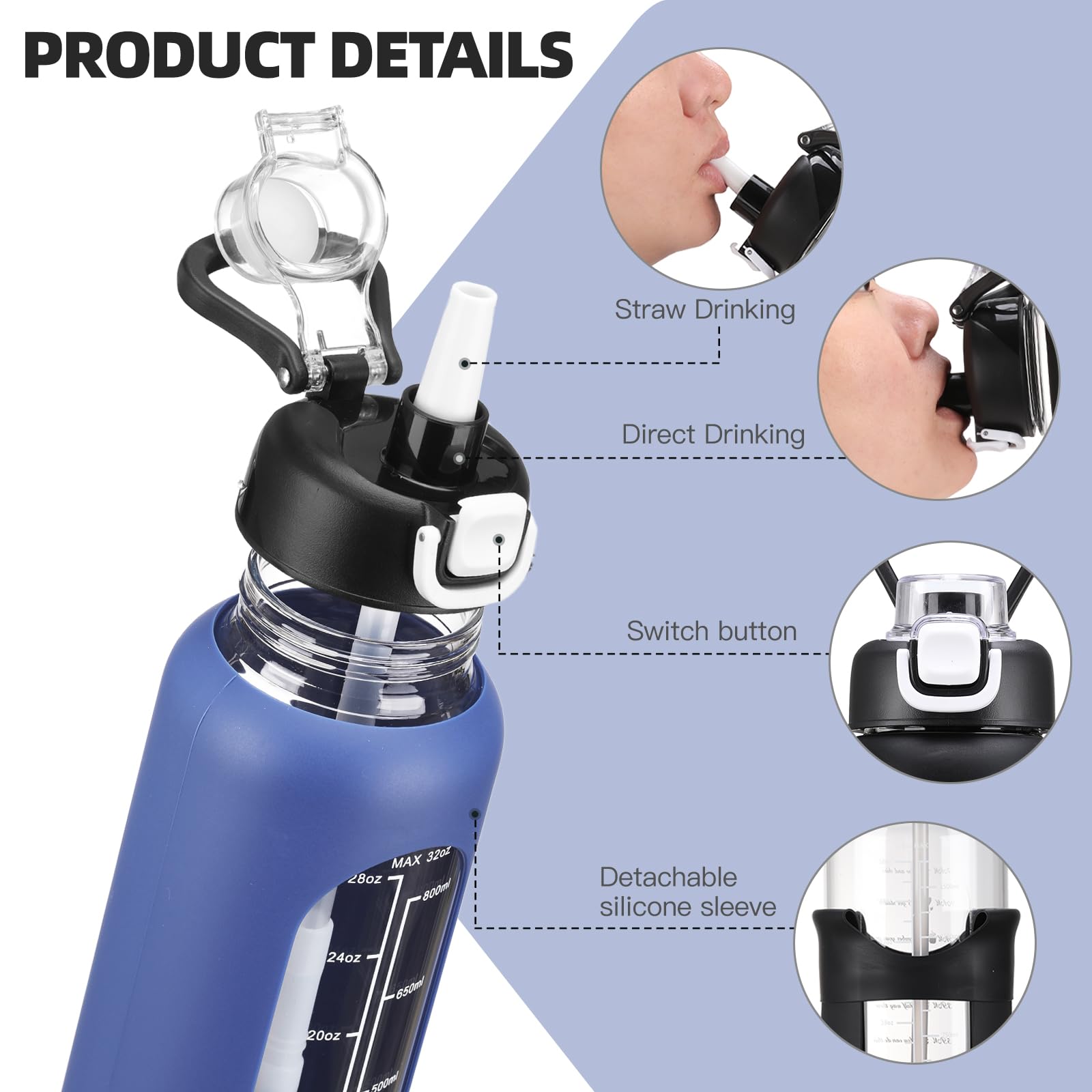 chunmo 900 ml Glas-Wasserflaschen mit Strohhalm, große motivierende Wasserflasche mit Zeitmarkierung, Sport-Wasserflaschen mit Silikonhülle und Griffdeckel, Wasserkrug für Fitnessstudio, Workout