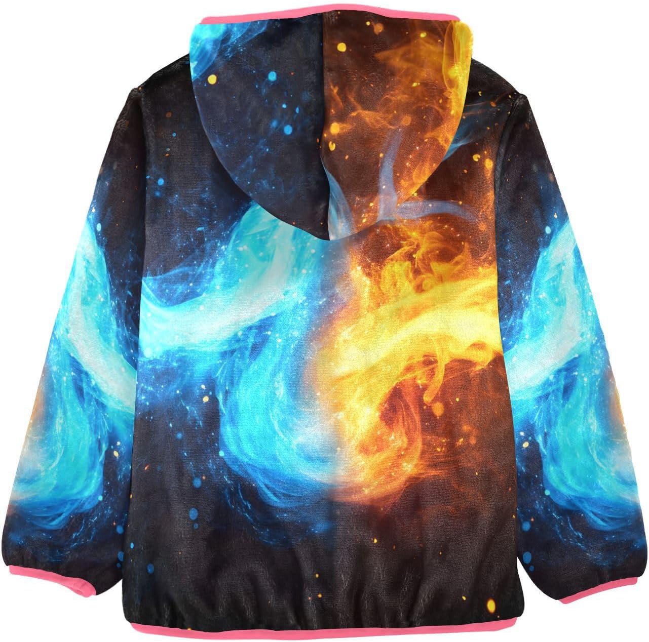 ALAZA Blue Yellow Flame Hoodie Jacket for Girls Toddler Fleece Zip Up Coat Plush Jacket Long Sleeve Outerwear for 3 Years