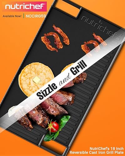 Miniatura 3 de NutriChef Placa reversible de hierro fundido para parrilla – Sartén plana y acanalada de 18 pulgadas, se adapta a dos quemadores, para estufas de