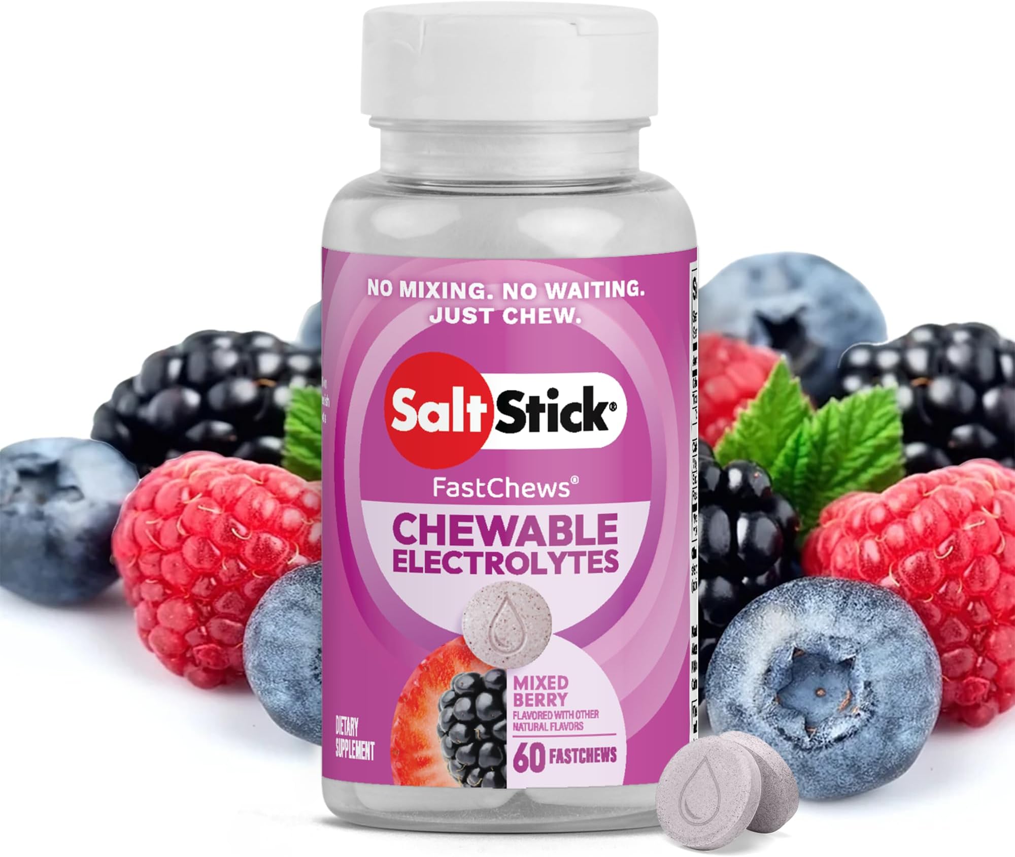 SaltStick Electrolyte FastChews Mixed Berry - 60 Chewable Tablets | Chewable electrolyte tablets that start working in 45 seconds. No mixing or waiting—just chew for hydration on the go.