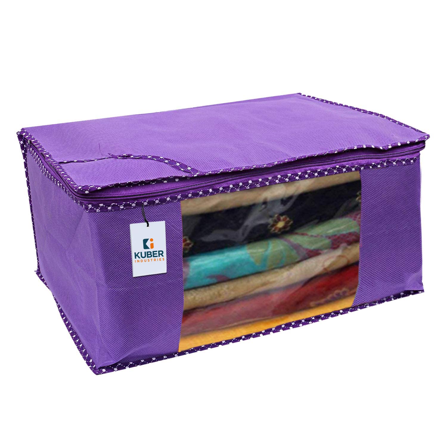 Kuber Industries Faltbare feste Sari-Abdeckungen mit Reißverschluss, Kleiderschrank-Organizer für Kleidung, transparentes Fenster, für 8 bis 10 Sari, geeignet für Lehenga, Anzug, Kleid, 9 Stück (lila)
