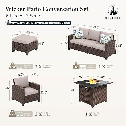 Miniatura 6 de HERA'S HOUSE juego de muebles de patio de mimbre, muebles de exterior con mesa para fogata, juego de conversación de 6 piezas con otomanos, juegos