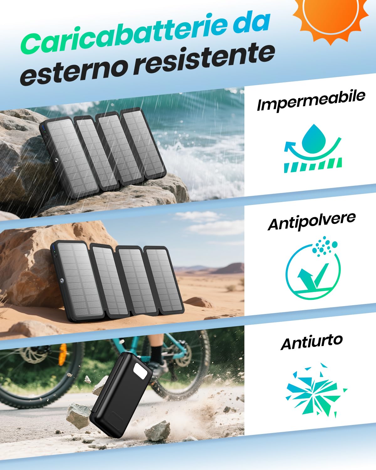 A ADDTOP Power bank solare 20000mAh – Caricabatterie solare con ricarica rapida 22.5W, 3 uscite e 4 pannelli solari pieghevoli, batteria esterna per telefoni e tablet, da campeggio