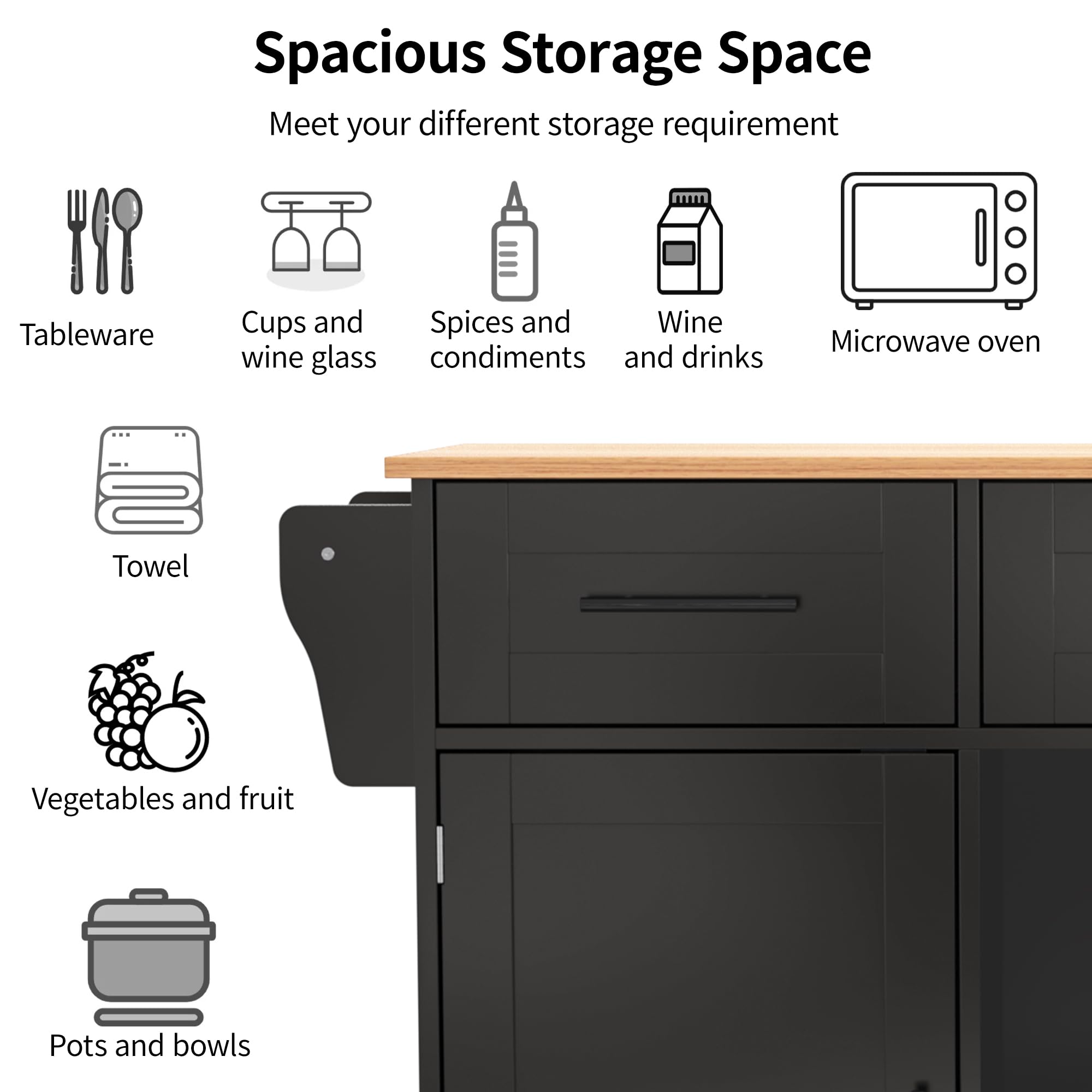 Isla De Cocina Móvil con Ruedas, Carro de Cocina con Mesa de Comedor Extensible, Mueble Auxiliar de Cocina con Estantes Ajustables, Estante para Especias y 3 Cajones,139x 46-71x91,5cm (Negro)