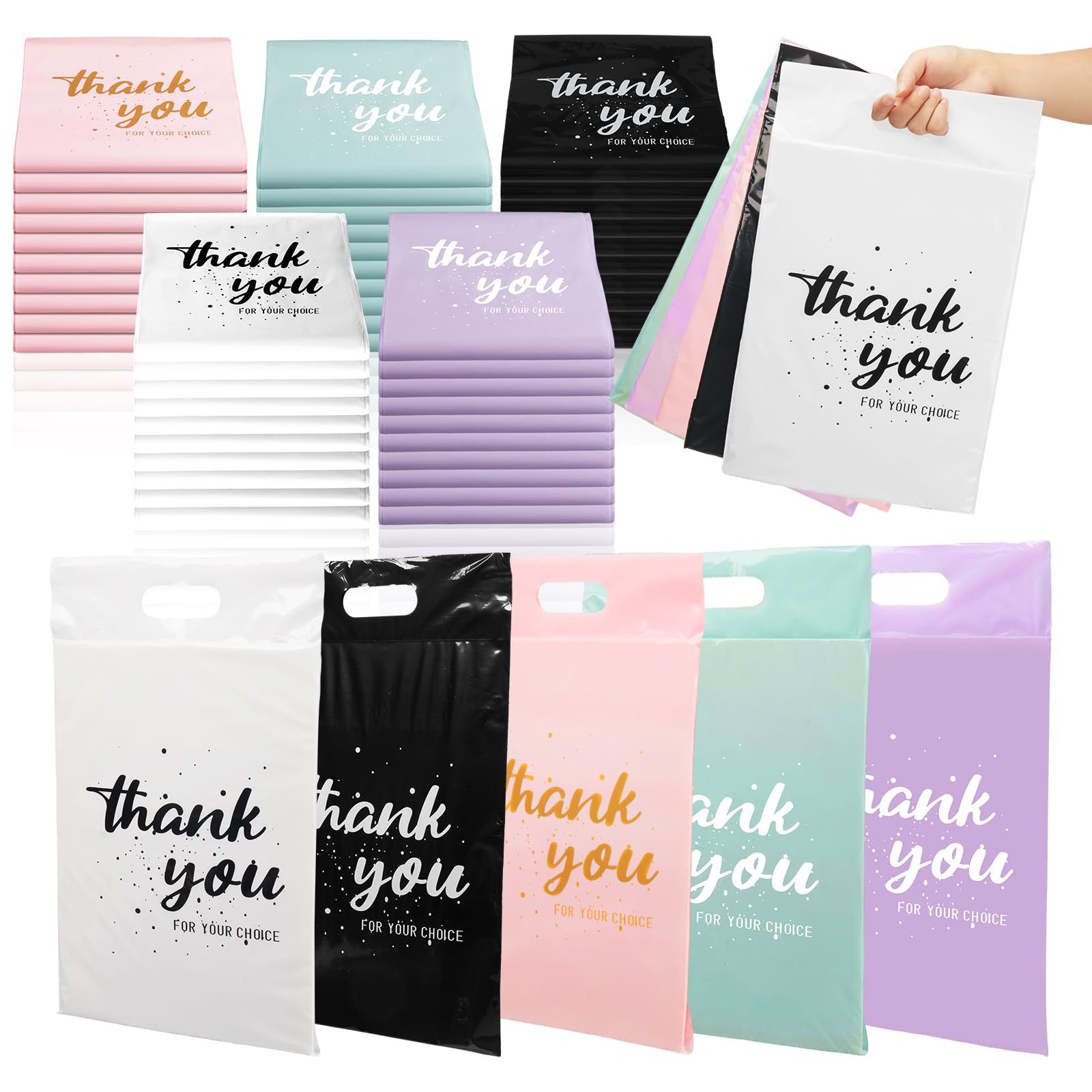 500 Pcs 10 x 13 Inch Thank You Poly Mailers with Handle 5 Colors Shipping Bags Mailing Envelopes with Text Printed Design, Durability Envelopes for Small Business Supplies