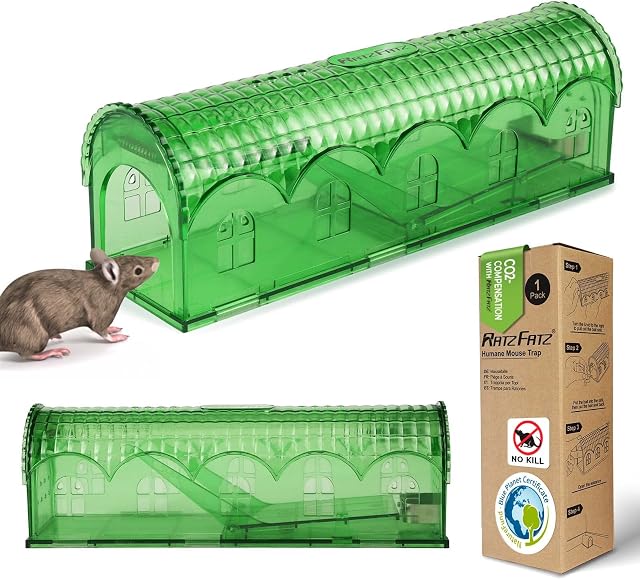 RatzFatz® pułapka na myszy klasy premium, żywa, wraz ze stacją przynętową, do wielokrotnego użytku, do użytku na zewnątrz, wewnątrz, małe zwierzęta, bez dotyku, bezpieczna dla zwierząt
