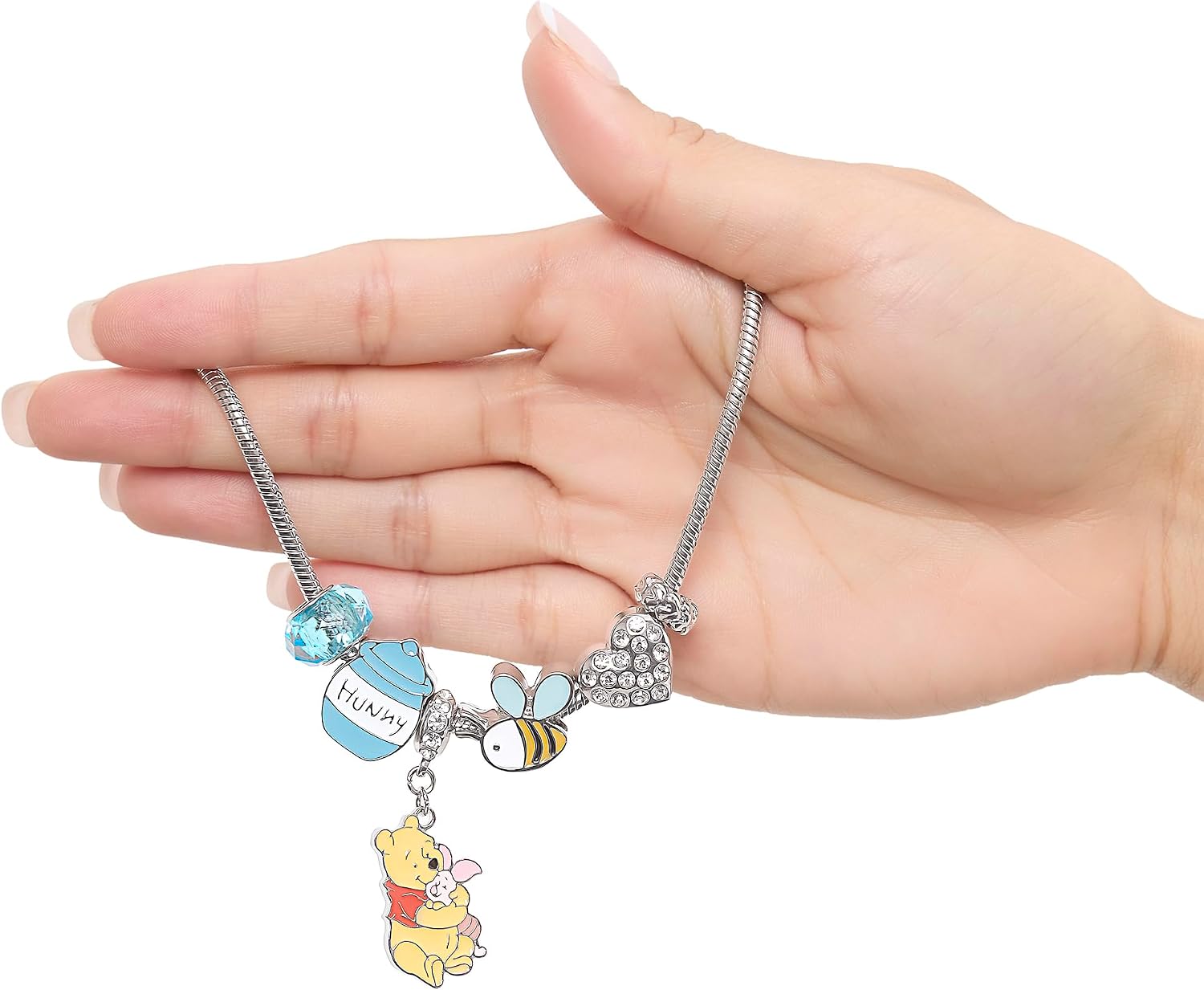 SALLY ROSE Winnie the Pooh Charm Bracelet 7" Official License, Fashion Bracelet with 6 Charms with Piglet and White Crystal Heart Charm