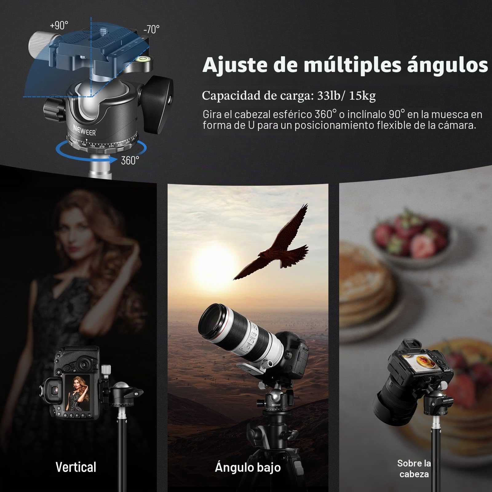 NEEWER Cabeza de Bola de Perfil Bajo para Trípode de Cámara, 36mm Cabeza de Bola Panorámica de Metal Compatible con 1/4" Placa de Liberación Rápida Arca para Monopié Slider DSLR,MAX Carga: 15kg, GM36