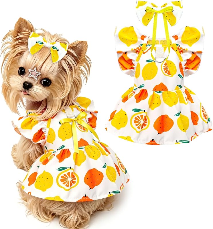 Vestido com Peitoral para Cães Pequenos ABRRLO com Laço, Argola para Guia e Tecido Leve Amarelo XS