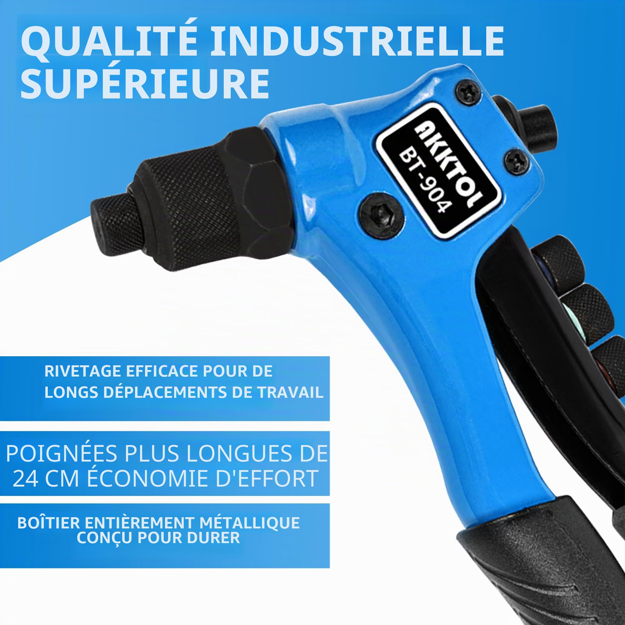 AKKTOL Pince a Rivet, Riveteuse Professionnelle, Pince a Rivet Pop avec 200 Rivets pour 4 Types 4,8mm 4,0mm 3,2mm 2,4mm, Pince à riveter Manuelle pour Automobile, Chemin de Fer, Meubles, Jardinage etc