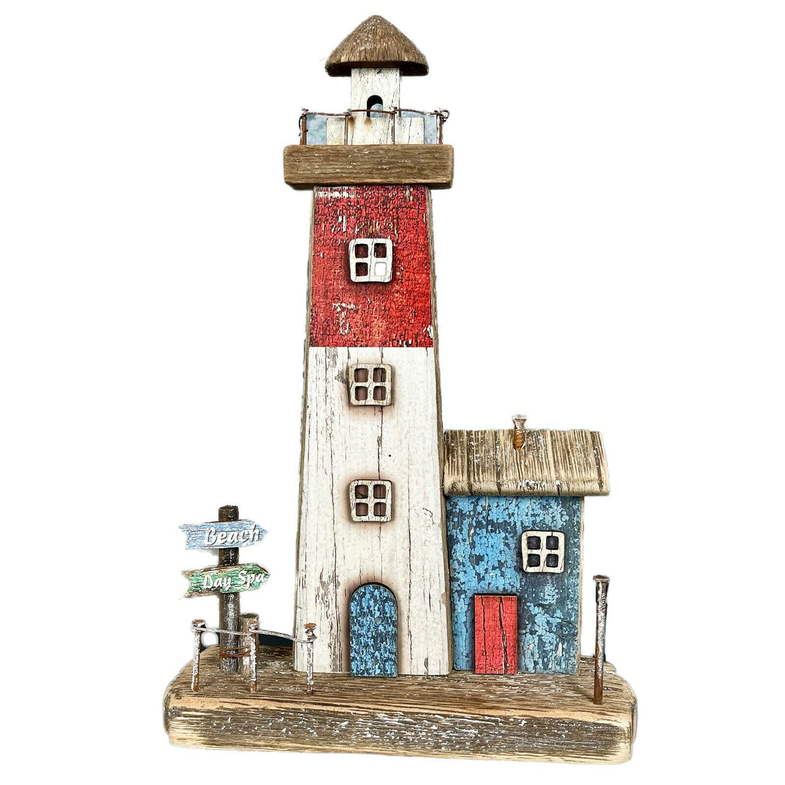 Darthome White, Blue & Red Wooden Coastal Lighthouse Ornament Rustic Nautical Seaside Bathroom Decoration 26Cm