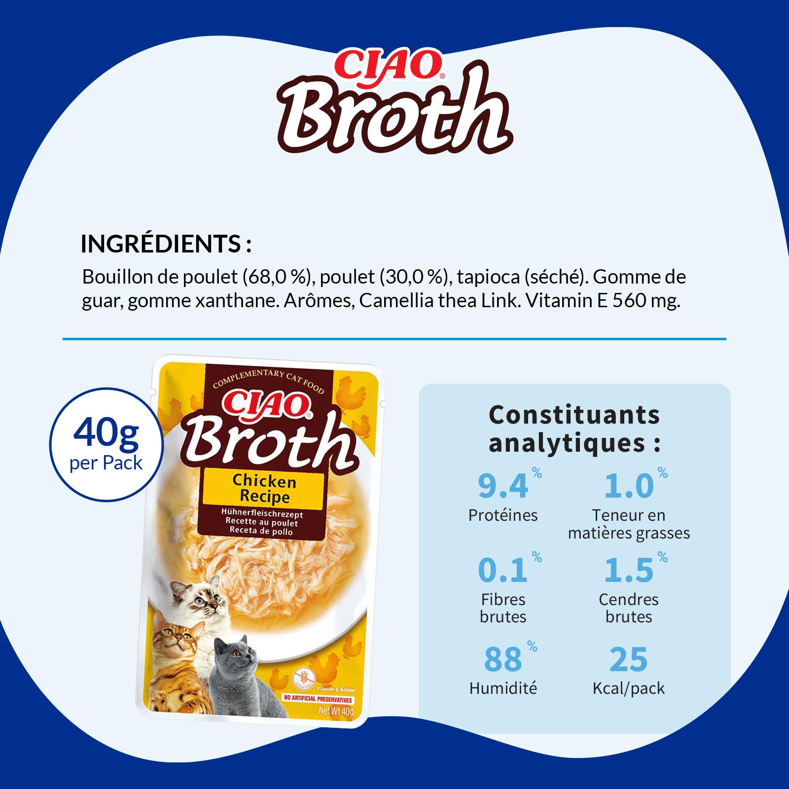 INABA Ciao - Broth Poulet - Friandise pour Chat Humide - Délicieuse et Saine - Sauce - Plat d'accompagnement - Complément Naturel et sans Céréales - Pâtée pour Chat - 1 x 40g