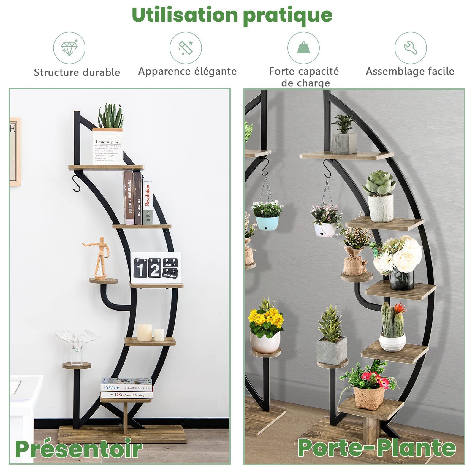 RELAX4LIFE Estantería para Plantas de 5 Niveles con Marco de Hierro y Gancho, Soporte Plantas Interior de Forma Media Luna para Salón, Balcón, Carga 20kg por Tabla, 60x30x155cm (Natural-2 Piezas)
