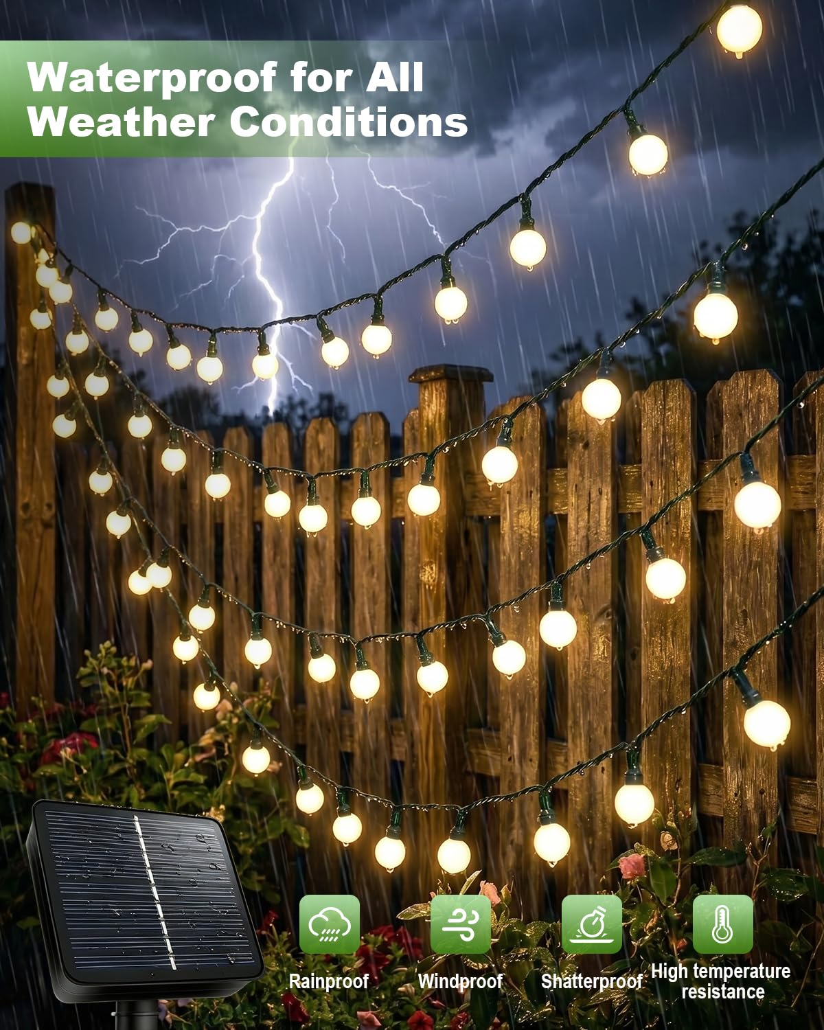 Cadena de luces solares para exteriores, 14 metros, 120 LED, bola blanca, 8 modos de iluminación, resistente al agua IP65, blanco cálido, ideal para jardín, balcón, terraza y árboles