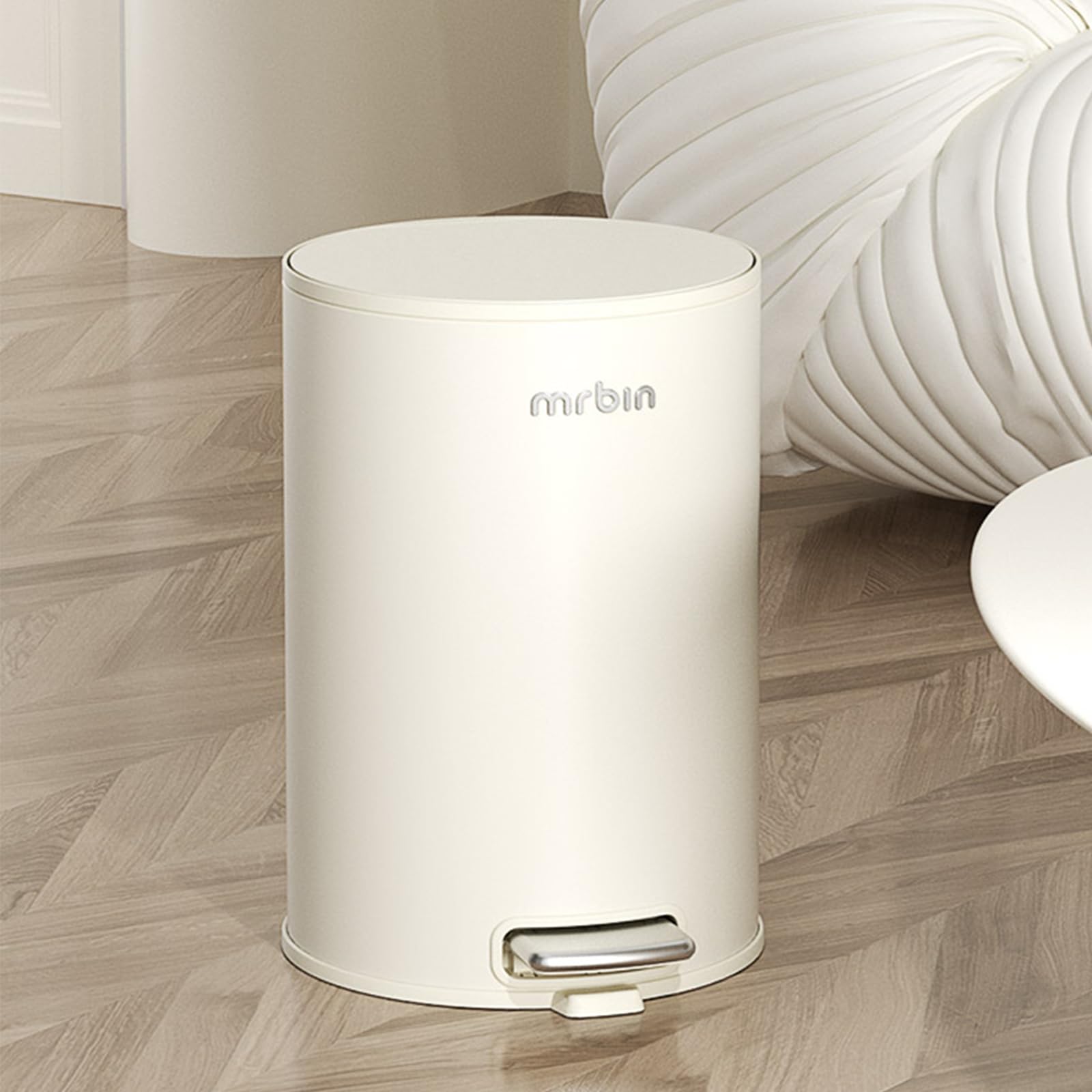 MRBIN Garbage Can Bathroom Bin with Lid Soft Close, 9L Small Step Trash Can, Metal Garbage Bin with Plastic Inner Bucket Round Wastebasket for Bedroom, Toilet, Cream White