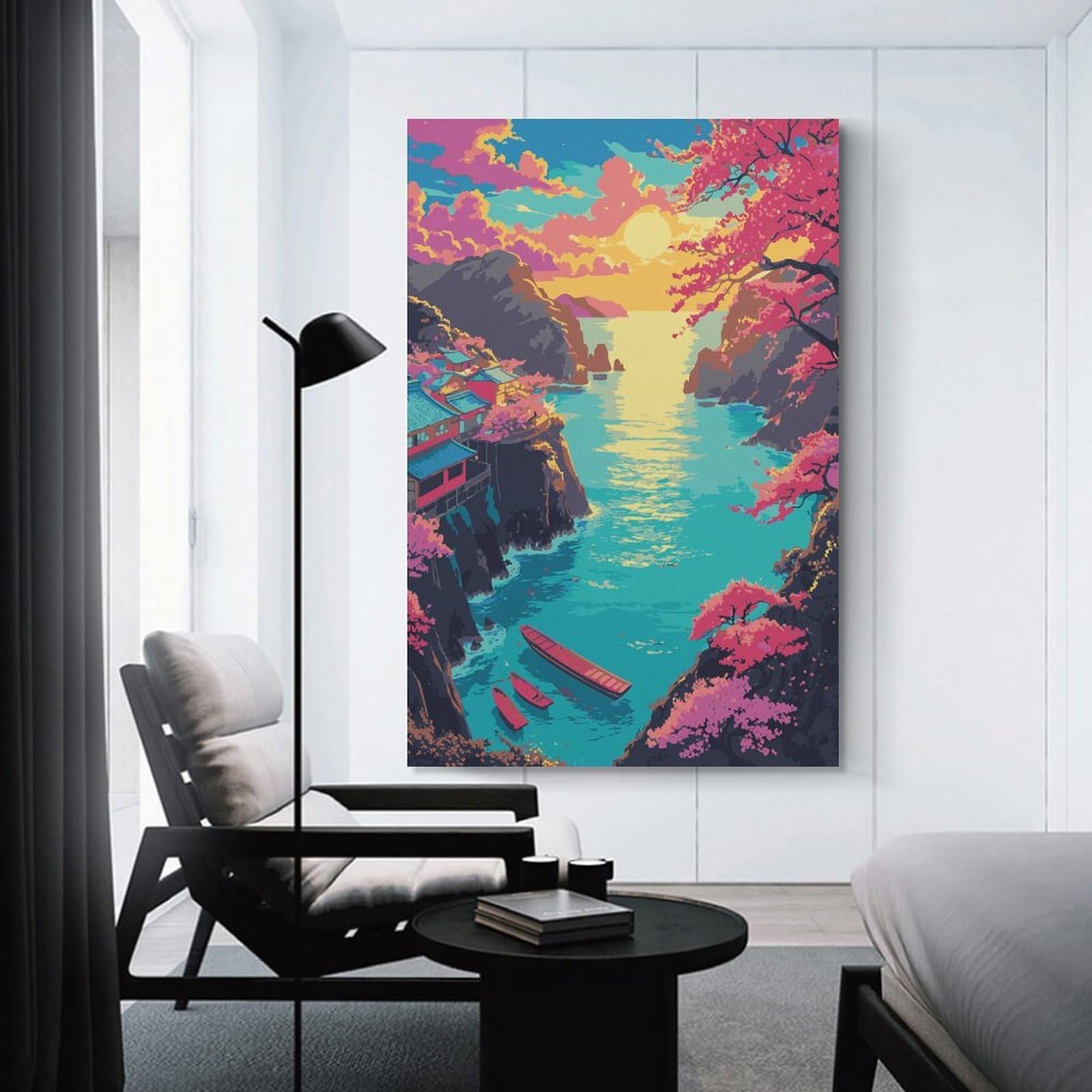 Junmoney Japanese Coastal Village with Cherry Blossoms Canvas Art Print, 20x30inch(50x75cm), for Wall Displays, Bedrooms Or Room Updates, Home Wall Art for Statement Displays