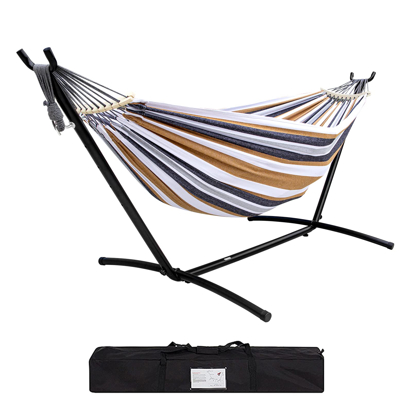 SZHLUX Double Hammock with Stand Included 450lb Capacity Steel Stand, Premium Carry Bag Included.Indoor Outdoor Brazilian-Style Cotton Bed for Backyard, Camping,Garden